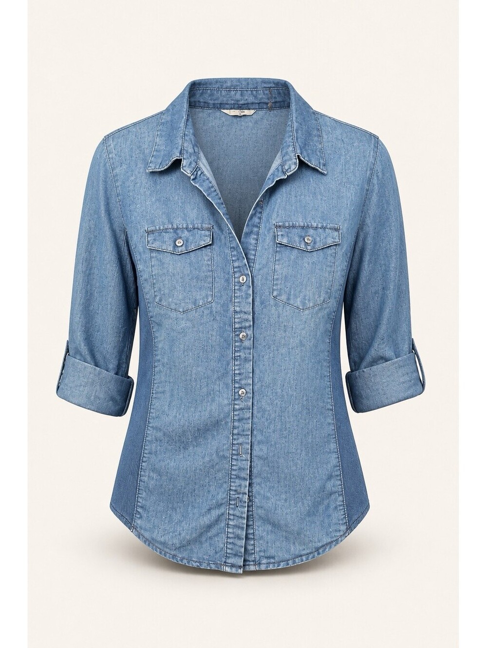 Ci Sono Women's M Denim Top Button Down Medium Wash Stretch Ribbed Side Panels